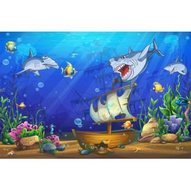 Imagem de Painel de Tecido Sublimado Fundo do Mar Navio Pirata e Tubarões - Fabr