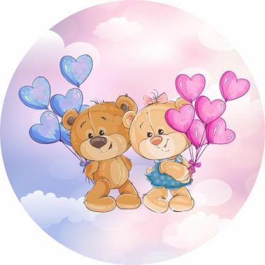 Imagem de Painel de Tecido Sublimado Redondo Ursinhos Chá Revelação Balões Aquar