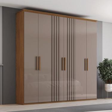 Imagem de Guarda-roupa Casal 6 Portas 4 Gavetas com Detalhes Ripados Ávila Marrom/Avelã