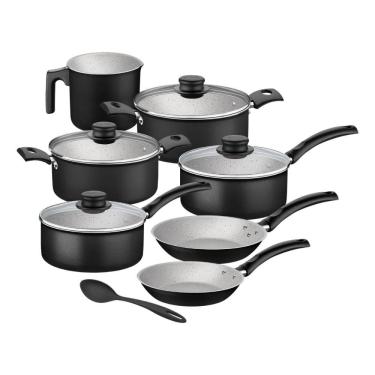 Imagem de Jogo De Panelas 7 Peças Turim Preta Antiaderente e Colher Tramontina