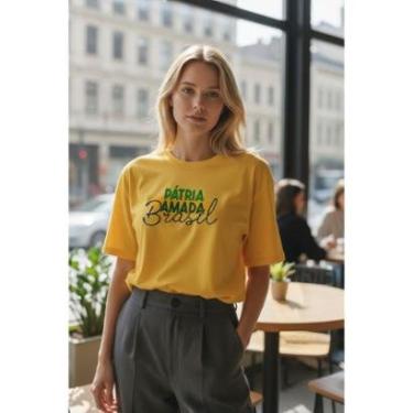 Imagem de Camiseta Feminina Estilosa Dia a Dia Brasil Pátria Amada Manga Curta em Algodão do P ao G1-Feminino