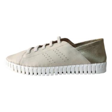 Imagem de Tênis OffWhite e Dourado Couro Macio Cadarço Ajustável-Feminino