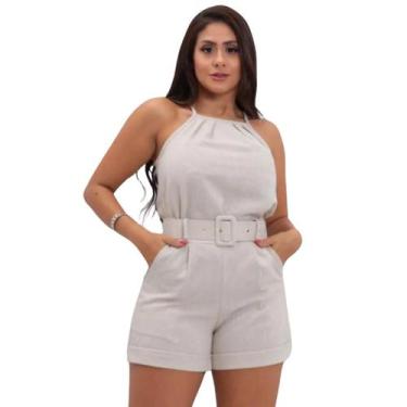 Imagem de Conjunto Feminino Alfaiataria Blusa Shorts Cinto Linho Top Bege - Naro