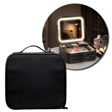 Imagem de Necessaire com Alça e Espelho Portátil para Maquiagens e Cosméticos com LED e 12 Compartimentos Preto Fullcommerce