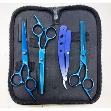 Imagem de Kit 3 Tesouras Profissionais Fio Navalha e Desfiadeira com Tesoura Curva 6.0 para Corte...