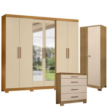 Imagem de Guarda Roupa Casal San Diego com Espelho com Cômoda 4 Gavetas New e Armário Multiuso Ve...