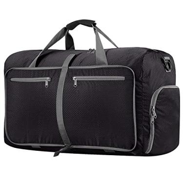Imagem de JXGSGOGO Bolsa esportiva dobrável grande 80L com compartimento de sapatos, bolsa de viagem leve e embalável repelente à água para acampamento Gym Weekender Bag, Preto