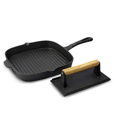 Imagem de Ferro fundido preto de 26 cm com placa de pressão antiquada frigideira de bife grelha panela fogão de indução a gás geral (tamanho: comprimento 25,9 cm × altura 1,6 polegadas)