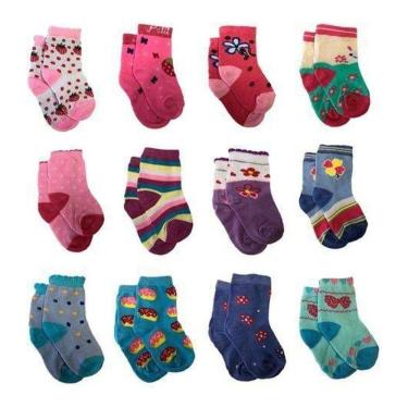 Imagem de Kit Meia Infantil Bebê Menina 12 Pares 2 a 4 Anos Coloridas