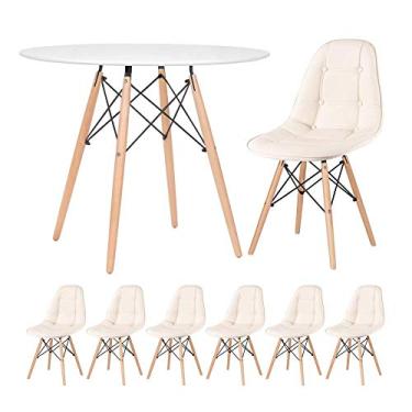 Imagem de Loft7, Kit Mesa Eames 90 cm branco + 6 cadeiras Eames Botonê Creme