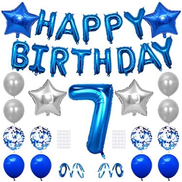 Imagem de Xihuimay 7º aniversário decoração feliz aniversário faixa balão 7 anos suprimentos para festa de aniversário balões de hélio 81 cm número 7 balão confete balão látex estrela coração folha balão de alumínio, azul prata