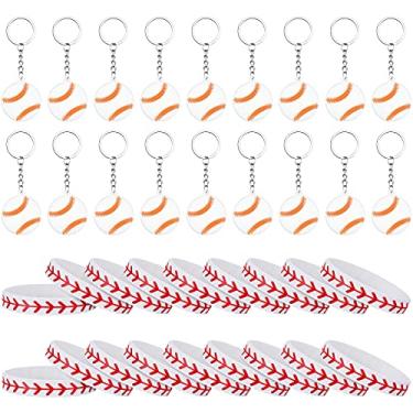 Imagem de 18 pulseiras de beisebol de borracha, pulseiras de silicone de beisebol e 18 peças de chaveiros de beisebol brancos para brindes de festa de beisebol, artigos de decoração de festa esportiva