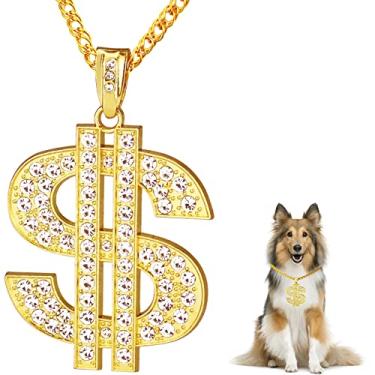 Imagem de FUNKA Corrente de ouro coleira de cachorro ajustável cubano colar de cachorro com pingente de símbolo de dólar de cristal moda fofa joias para animais de estimação corrente de cachorro gato acessórios de roupas com corrente extensora