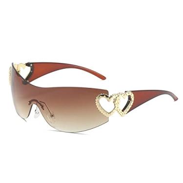 Imagem de Óculos de sol de coração sem aro feminino Óculos de sol esportivo punk para senhora Moda Sem armação Óculos de amor tons UV400, C3 ouro marrom, tamanho único