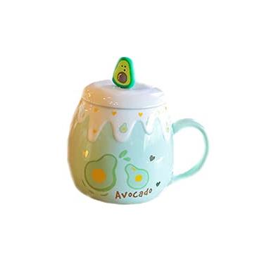 Imagem de seelucky Caneca de abacate verde fruta com tampa colher 3D bonito cerâmica café chá leite copo casal conjunto de caneca presente de aniversário mulheres amantes (abacate verde, 500 ml)