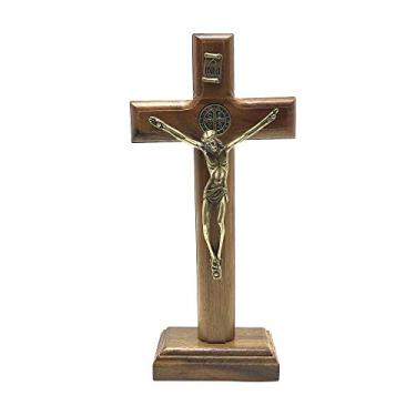 Imagem de Crucifixo Parede e Mesa Cristo Metal São Bento Dourado 17 cm