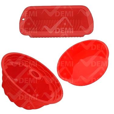 Imagem de Genérico - Conjunto de 3 Formas Assadeiras Kit Antiaderente 230º Pão, Bolo, Pudim - Retangular, Redonda e Vazada (Vermelho)