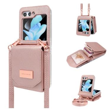 Imagem de Carteira crossbody Capa de telefone de couro PU para Samsung Galaxy Z Flip 5 4 3 Flip5 Flip4 Flip3 5G Bolsa Capa para porta-cartões, ouro rosa, para Galaxy Z Flip5