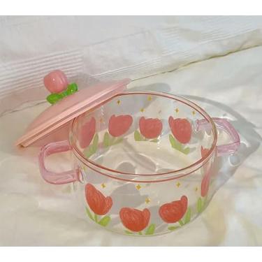 Imagem de INSTR Tigela de macarrão de vidro de orelha dupla fresca com tampa tigela de macarrão adorável para estudante tigela de sopa de grande capacidade alta temperatura