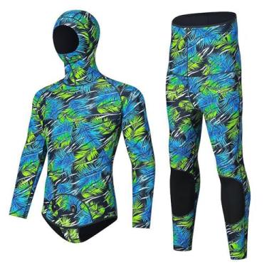Imagem de Dressnu Roupa de mergulho de manga comprida para mergulho com snorkel 3 mm à prova de frio quente stretch surf terno verde GG
