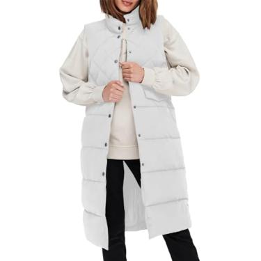 Imagem de Tankaneo Colete feminino longo acolchoado de algodão gola alta botão sem mangas jaqueta inchada agasalho, Branco, XXG