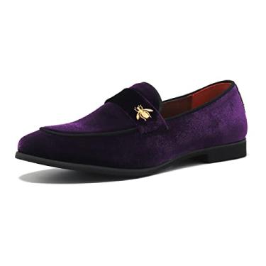 Imagem de FLQL Sapato masculino luxuoso veludo penny loafers bordado camurça vestido loafers diário sapatos para festa casamento formatura tamanho 7-13, Roxo - 1, 10