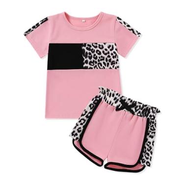 Imagem de WESIDOM Roupas infantis para bebês meninas 12 meses a 5 anos, lindas roupas de verão, camiseta de manga curta, estampa camuflada de leopardo, conjunto de shorts, rosa, 3-4 Anos