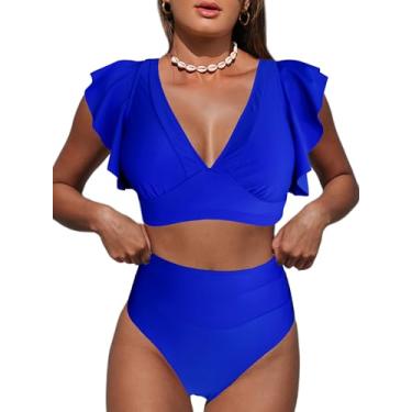 Imagem de Hilinker Biquíni feminino com babado de um ombro só, biquíni de cintura média, maiô de 2 peças, Azul, GG