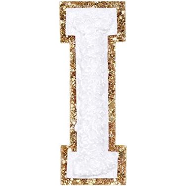 Imagem de 3 Pçs Chenille Letter Patches Ferro em Patches Glitter Varsity Letter Patches Bordado Borda Dourada Costurar em Patches para Vestuário Chapéu Bolsa de Camisa (Branco, I)