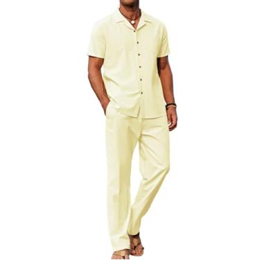 Imagem de COOFANDY Conjunto masculino de 2 peças de linho para praia, camisa de botão, casual, calça solta, Bege, Small
