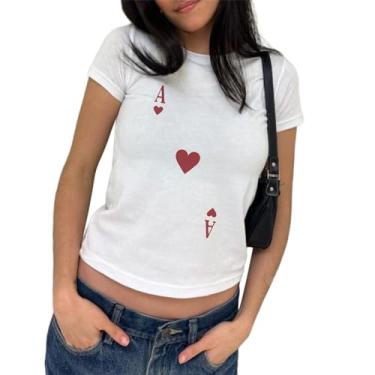 Imagem de Camiseta feminina, gola redonda, manga curta, estampada, verão, moda urbana, casual, uso diário, Cartão, M