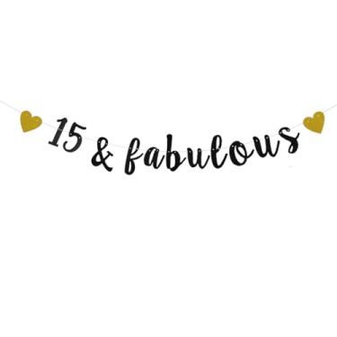 Imagem de XIAOLUOLY Faixa preta 15 & fabulosa com glitter, pré-amarrada, decorações de festa de aniversário de 15 anos/casamento, cenários de sinalização, 15 e fabulosos