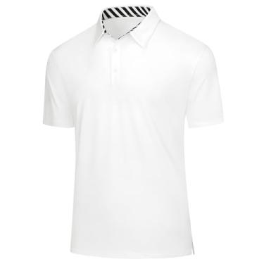 Imagem de Camisa polo masculina de golfe de secagem rápida com absorção de umidade desempenho stretch manga curta atlética sem rugas tops de verão, Branco, GG