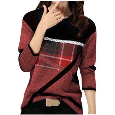Imagem de Homisy Camisetas femininas modernas de manga comprida com patchwork color block top outono inverno blusas soltas e casuais, E#xadrez vinho, M