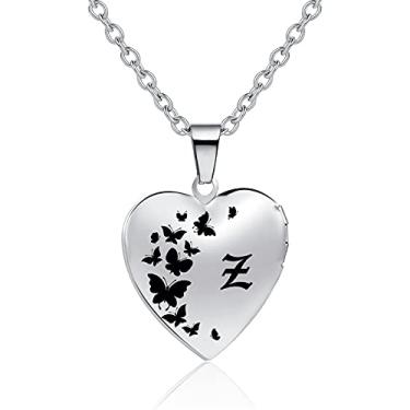 Imagem de LuxglitterLin Colar com medalhão de foto de borboleta que contém imagens em inglês antigo, letra A-Z, letra do alfabeto, pingente de medalhão de memória em forma de coração, Metal, Cristal sintético