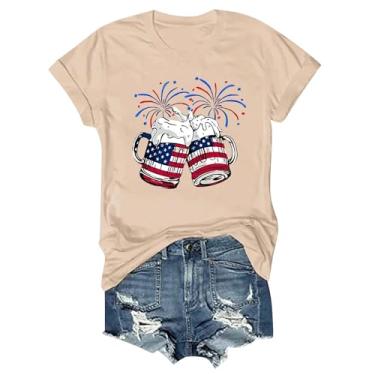 Imagem de Camisetas patrióticas femininas 4 de julho 2024 manga curta gola redonda bandeira dos EUA túnicas gráficas engraçadas taça de vinho, Z23-bege, XXG