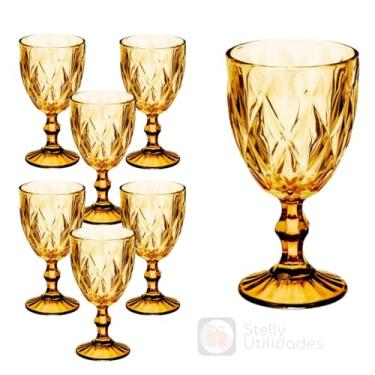 Imagem de 6 Taças Agua Vinho Ambar Copo Diamante 320 ml Mesa posta Dourado
