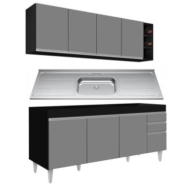Imagem de Armário Aéreo Nevada E Balcão Gabinete 180cm Com Pia Dallas Preto-cinza - Lumil