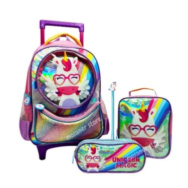 Imagem de Kit Mochila Rodinhas Feminino Unicórnio Colorido + Lancheira + Estojo