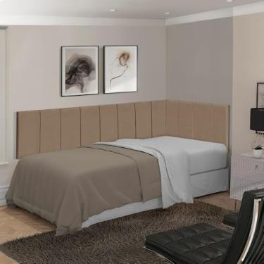 Imagem de Kit cabeceira Solteiro em L Cabeceira Painel Cama Box Almofadada Estofada Suede (Bege)