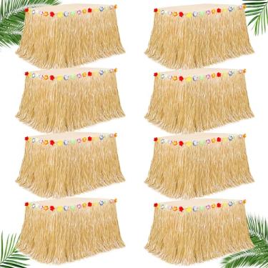 Imagem de Saia de mesa havaiana de 8 peças, saia de mesa dourada com tema luau de grama, suprimentos de festa, para uso interno e externo, 277 x 75 cm, flores tropicais de hula para festas, saia de mesa para