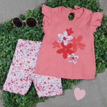 Imagem de Conjunto curto infantil camiseta salmão claro com estampa flores e man