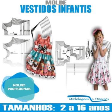 Imagem de Kit Moldes Vestidos Infantis, Modelagem&Diversos, Tamanhos 1 A 16 anos