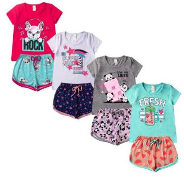 Imagem de Kit 4 Conjunto Verão Infantil Feminino Blusinha e Shorts em Algodão + 