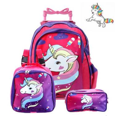 Imagem de Kit Mochila Escolar Infantil Unicórnio Rosa De Rodinha - Toys 2U