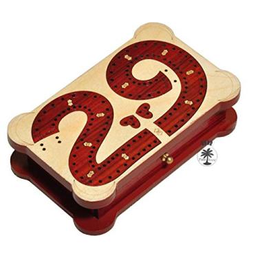 Imagem de PALM ROYAL HANDICRAFTS 2 Track Wooden Cribbage Board 29 Cribbage Inlaid in Blood Wood and Maple. Travelling Cribbage with Storage and Pegs (6.5 inches)