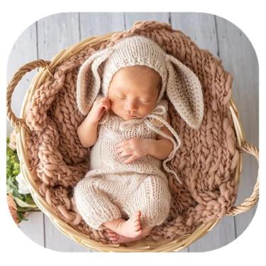 Imagem de Vemonllas Acessórios para fotografia de bebês recém-nascidos, roupas para meninos e meninas, crochê, gorro e macaquinho com orelhas grandes, fantasias infantis para sessão de fotos, Caqui, M