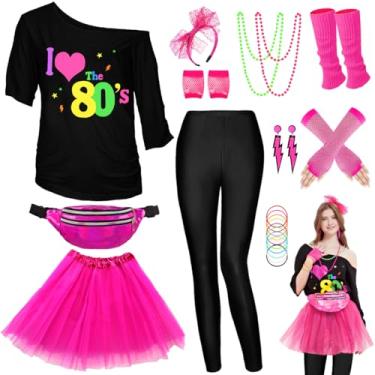 Imagem de WlLDPARTY Conjunto de acessórios de fantasia feminina anos 80, camiseta, leggings, saia tutu, pochete para faixa de cabeça, luvas arrastão, Leggings-preto-plus, Large