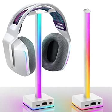 Imagem de EZDIY-FAB Suporte para fones de ouvido com barra de luz LED USB, luz de fundo RGB, 50 modos de cores embutidos, suporte de fone de ouvido para gamers, jogos, PC, PS5, acessórios de mesa - branco - 1