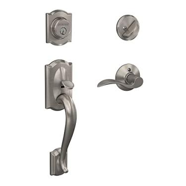 Imagem de Schlage Maçaneta de entrada frontal Camelot F60 V CAM 619 ACC com alavanca decorativa, fechadura com chave de 1 lado, níquel acetinado